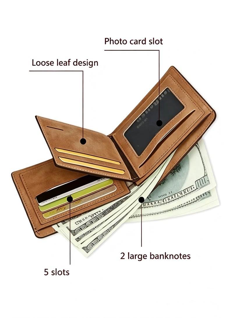 MenBense New Men'S Retro Pu Leather Wallet, Loose-Leaf Style, Multi-Card Slot, Large Capacity, Short Wallet, Business Casual Driver'S License Card Holder, Brown - Image 4