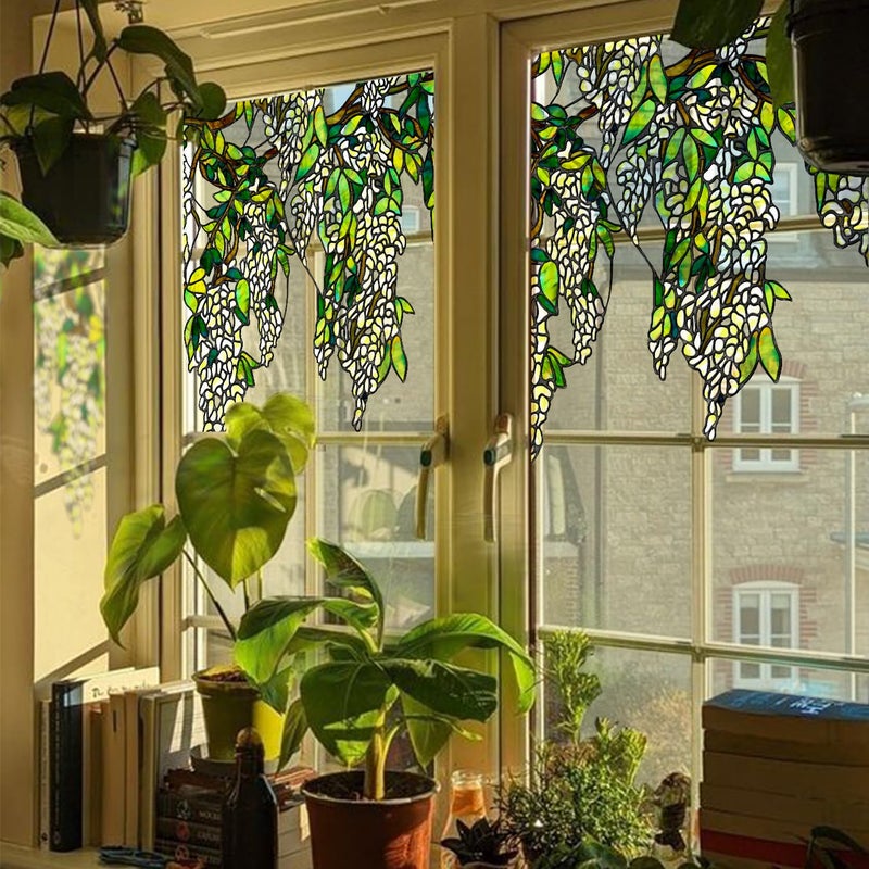 ChicSkin Original Hand Drawn Wisteria Stained Glass Window Border Film Transparent Static Cling for Glass Window Decor Watercolor Hanging Plants White Wisteria Sticker 1693X6772