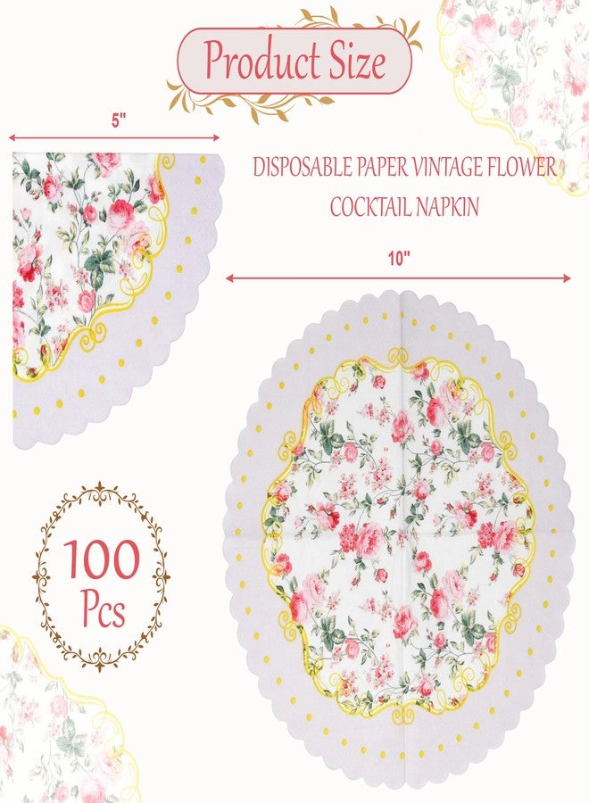 Gift Boutique 100 قطعة من مناديل حفلة الشاي الزهرية القابلة للتصرف ورقية بتصميم زهور عتيق مناديل كوكتيل ذهبية ذات حواف متموجة لعيد الميلاد وحفلات الزفاف وحفلات استقبال المواليد والديكورات - Image 2