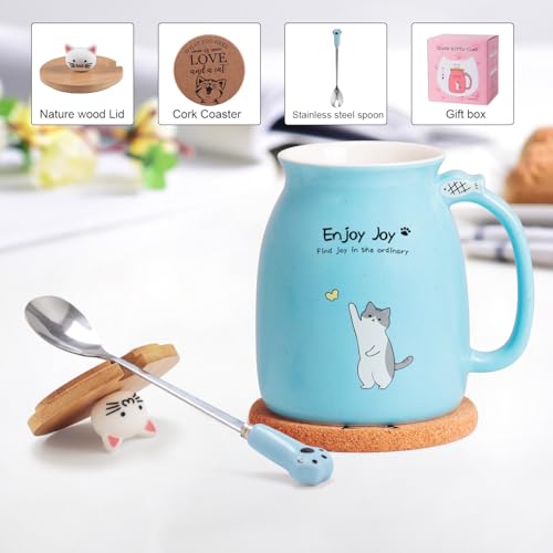 Feify Cute Cat Cup Ceramic Coffee Mug with Kawaii Cat Wooden Lid, Lovely Stainless Steel Spoon, Anime Kitty Thicken Wooden Coaster, Christmas Birthday Cute Thing Japanese Mug 16oz (Blue) - Image 2