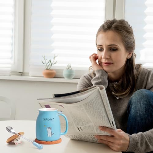 Feify Cute Cat Cup Ceramic Coffee Mug with Kawaii Cat Wooden Lid, Lovely Stainless Steel Spoon, Anime Kitty Thicken Wooden Coaster, Christmas Birthday Cute Thing Japanese Mug 16oz (Blue) - Image 4