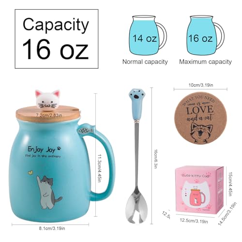 Feify Cute Cat Cup Ceramic Coffee Mug with Kawaii Cat Wooden Lid, Lovely Stainless Steel Spoon, Anime Kitty Thicken Wooden Coaster, Christmas Birthday Cute Thing Japanese Mug 16oz (Blue) - Image 3