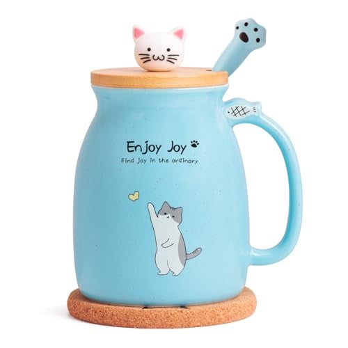 Feify Cute Cat Cup Ceramic Coffee Mug with Kawaii Cat Wooden Lid, Lovely Stainless Steel Spoon, Anime Kitty Thicken Wooden Coaster, Christmas Birthday Cute Thing Japanese Mug 16oz (Blue) - Image 1