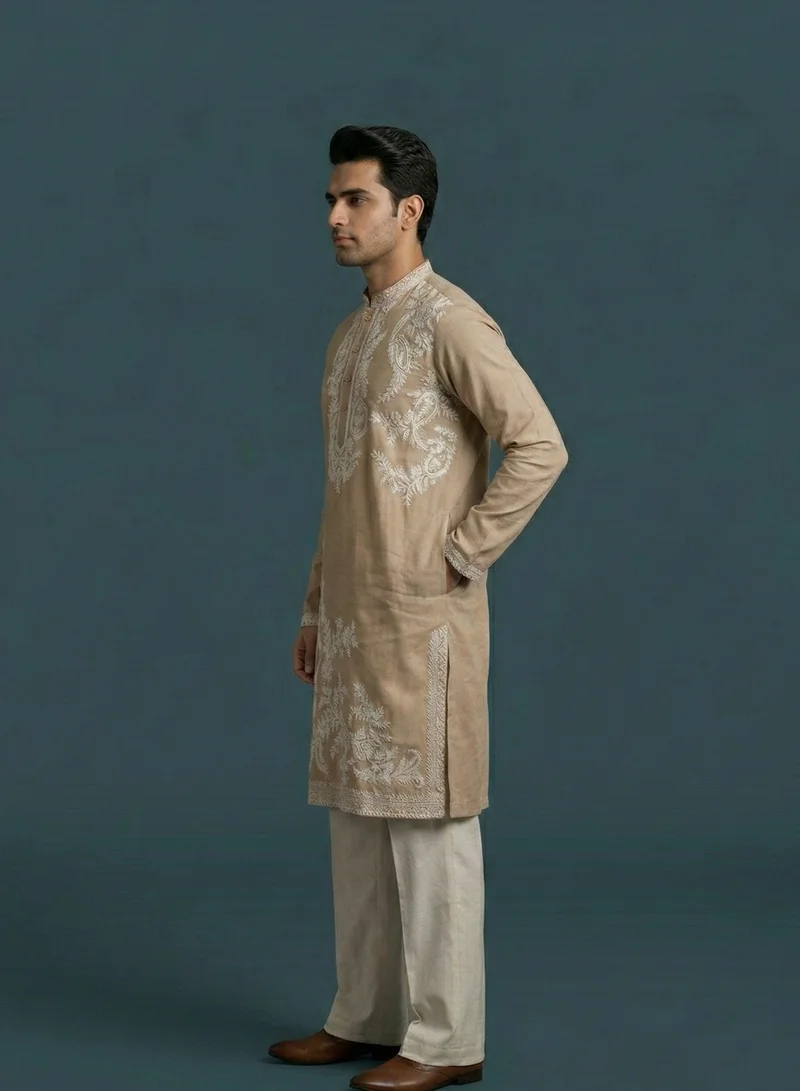 Lehar Sandstone Beige Floral Embroidered Kurta