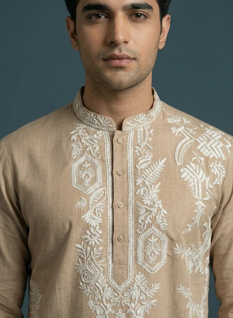 Lehar  Sandstone Beige Floral Embroidered Kurta for Men | Best Price UAE