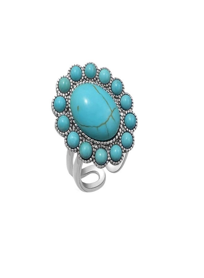 OIDIMS Bohemian Turquoise Ring for Women Boho Flower Oval Open Adjustable Retro stackable Joint Finger Ring American Western Cowgirl Statement Antique Jewelry Gemstone Simulated Ring Birthday Graduation Gift - Image 1