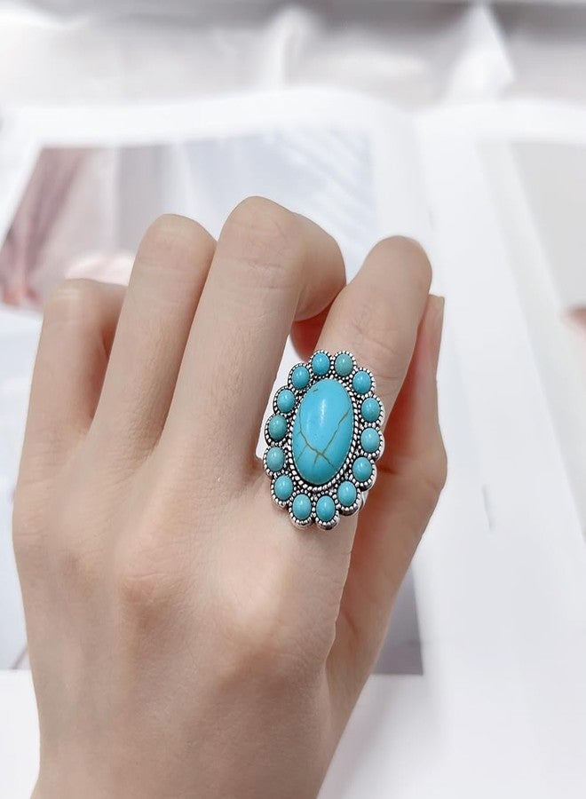 OIDIMS Bohemian Turquoise Ring for Women Boho Flower Oval Open Adjustable Retro stackable Joint Finger Ring American Western Cowgirl Statement Antique Jewelry Gemstone Simulated Ring Birthday Graduation Gift - Image 3