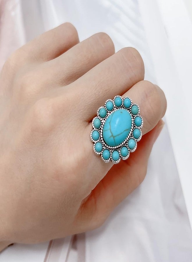 OIDIMS Bohemian Turquoise Ring for Women Boho Flower Oval Open Adjustable Retro stackable Joint Finger Ring American Western Cowgirl Statement Antique Jewelry Gemstone Simulated Ring Birthday Graduation Gift - Image 2