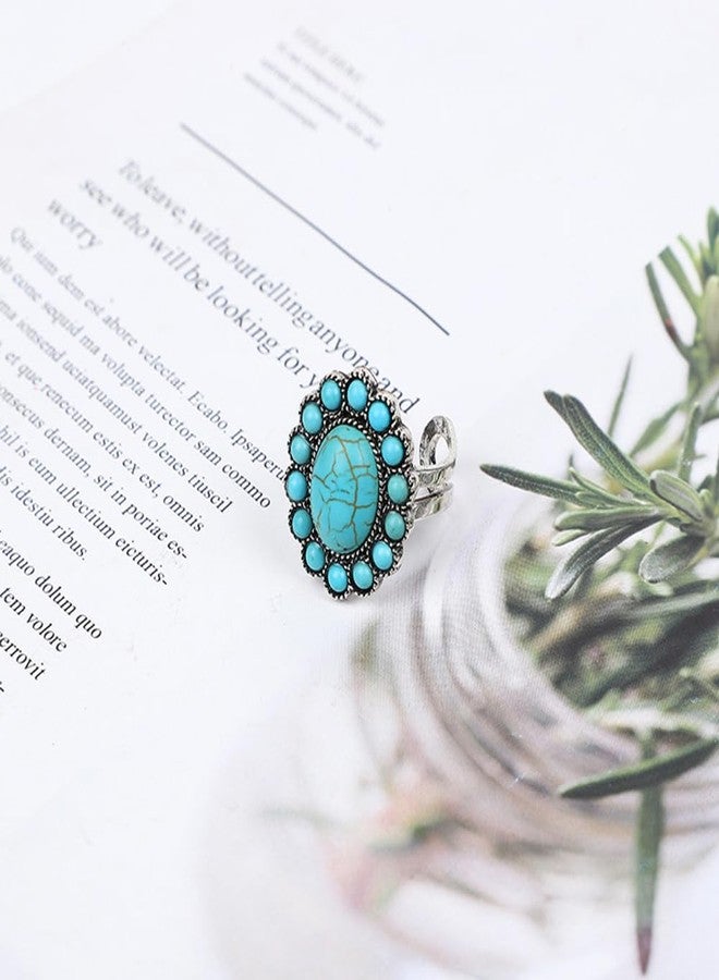 OIDIMS Bohemian Turquoise Ring for Women Boho Flower Oval Open Adjustable Retro stackable Joint Finger Ring American Western Cowgirl Statement Antique Jewelry Gemstone Simulated Ring Birthday Graduation Gift - Image 4