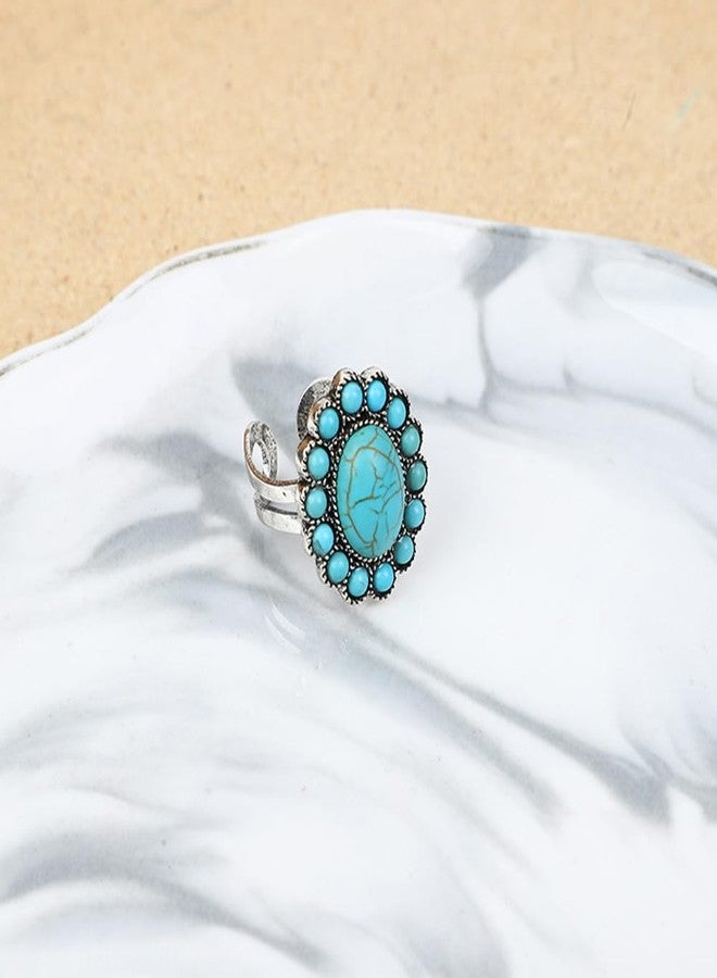 OIDIMS Bohemian Turquoise Ring for Women Boho Flower Oval Open Adjustable Retro stackable Joint Finger Ring American Western Cowgirl Statement Antique Jewelry Gemstone Simulated Ring Birthday Graduation Gift - Image 5