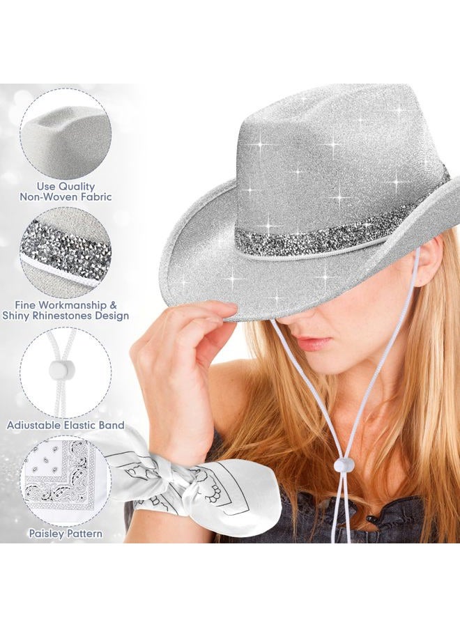 Coume 12 Pcs Sparkly Adults Cowboy Hat for Women Men Western Glitter Cowgirl Hats with Adjustable Drawstring Cowboy Party Bandana, Silver, One size - Image 5