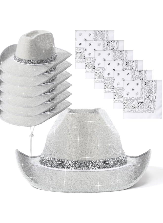 Coume 12 Pcs Sparkly Adults Cowboy Hat for Women Men Western Glitter Cowgirl Hats with Adjustable Drawstring Cowboy Party Bandana, Silver, One size - Image 1