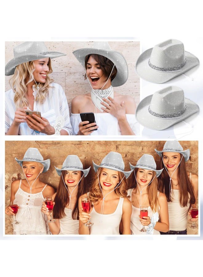 Coume 12 Pcs Sparkly Adults Cowboy Hat for Women Men Western Glitter Cowgirl Hats with Adjustable Drawstring Cowboy Party Bandana, Silver, One size - Image 4