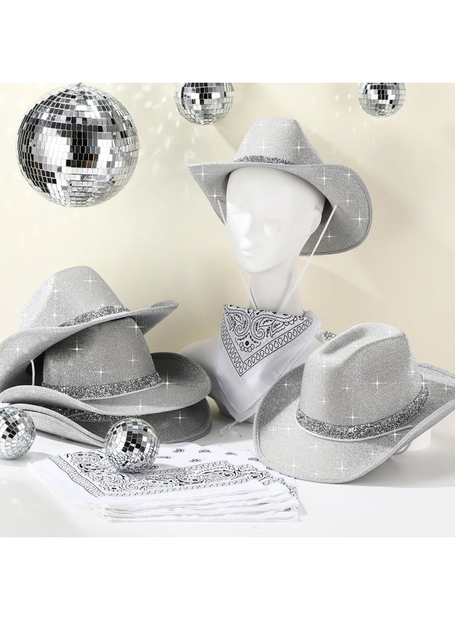 Coume 12 Pcs Sparkly Adults Cowboy Hat for Women Men Western Glitter Cowgirl Hats with Adjustable Drawstring Cowboy Party Bandana, Silver, One size - Image 3