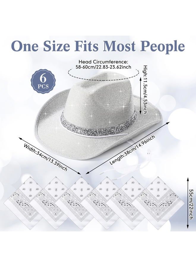 Coume 12 Pcs Sparkly Adults Cowboy Hat for Women Men Western Glitter Cowgirl Hats with Adjustable Drawstring Cowboy Party Bandana, Silver, One size - Image 2