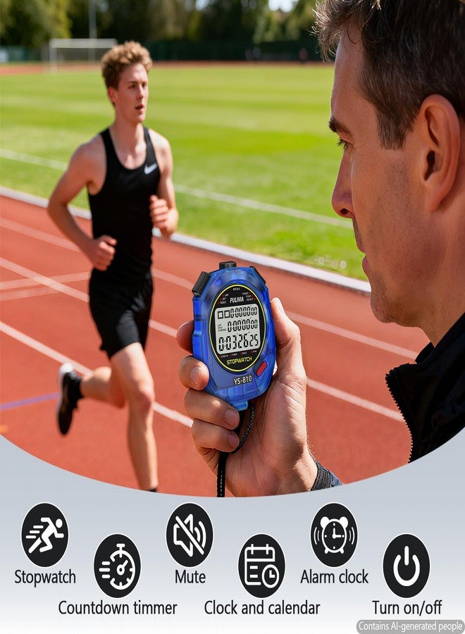 PULIVIA Stopwatch Timer 10 Splits/Laps Digital Stop Watch for Sports, Countdown Alarm Clock Date Memory Recall Large Display, Stopwatch for Coaches PE-Teacher Referee (Blue, 10 Splits/laps) - Image 2