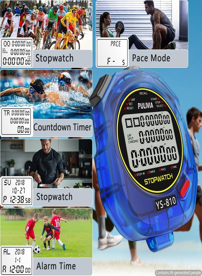 PULIVIA Stopwatch Timer 10 Splits/Laps Digital Stop Watch for Sports, Countdown Alarm Clock Date Memory Recall Large Display, Stopwatch for Coaches PE-Teacher Referee (Blue, 10 Splits/laps) - Image 3