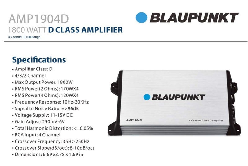 Blaupunkt AMP1904D Universal Car Speaker Amplifier Class D 4-Channel 1800 Watts Max Power - Image 2