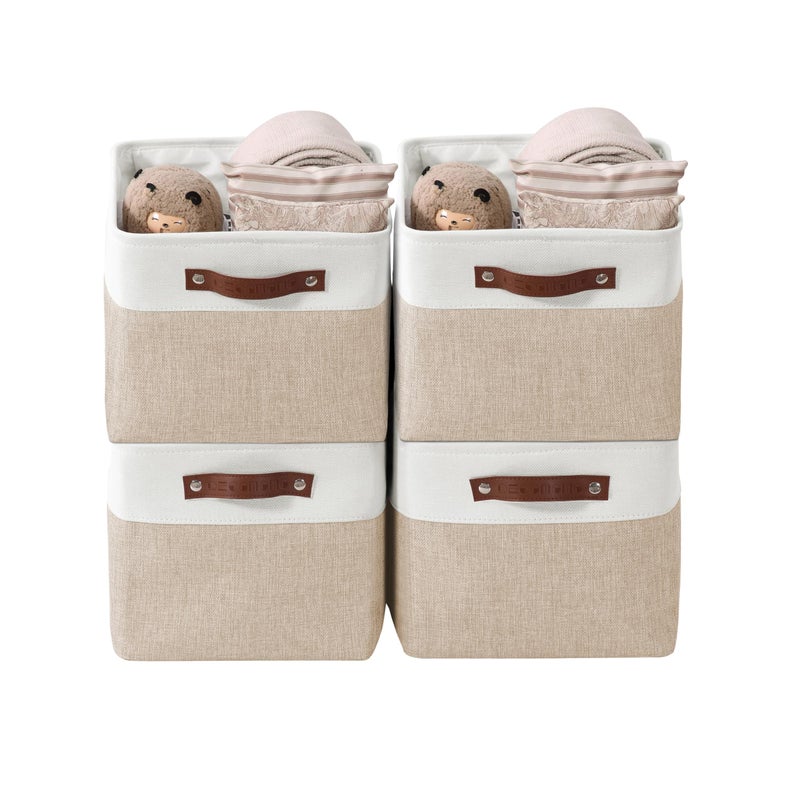 DECOMOMO Storage Bins Fabric Storage Baskets for Shelves Linen Closet Organization Toys Nursery Beige and White Large  4 Pack