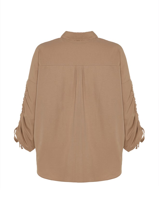 trendyol Stone Sleeves Adjustable Gathering Detailed Woven Cotton Shirt TCTSS23TG00011 - Image 5