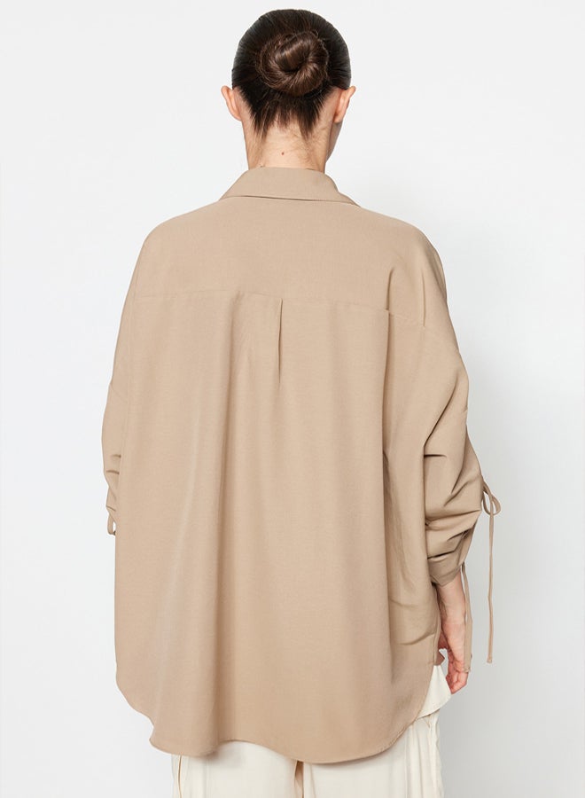 trendyol Stone Sleeves Adjustable Gathering Detailed Woven Cotton Shirt TCTSS23TG00011 - Image 4