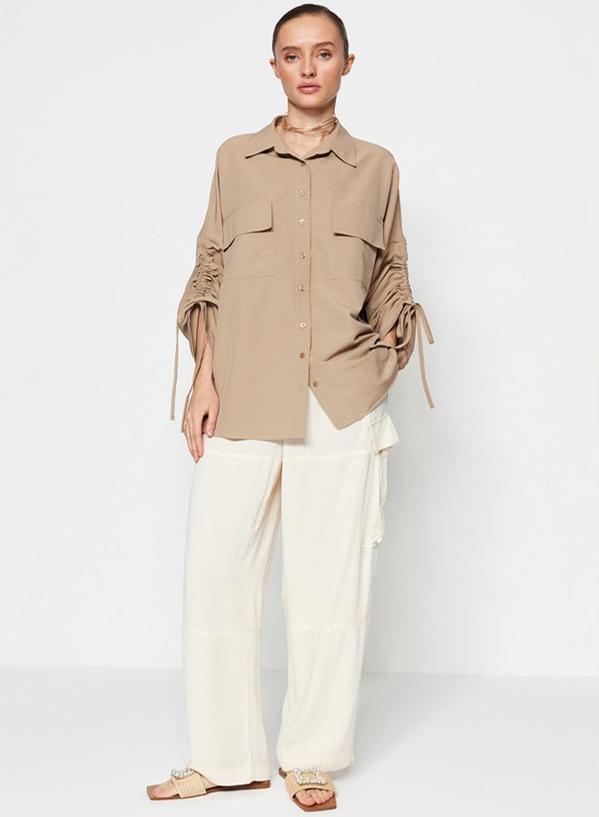 trendyol Stone Sleeves Adjustable Gathering Detailed Woven Cotton Shirt TCTSS23TG00011 - Image 2