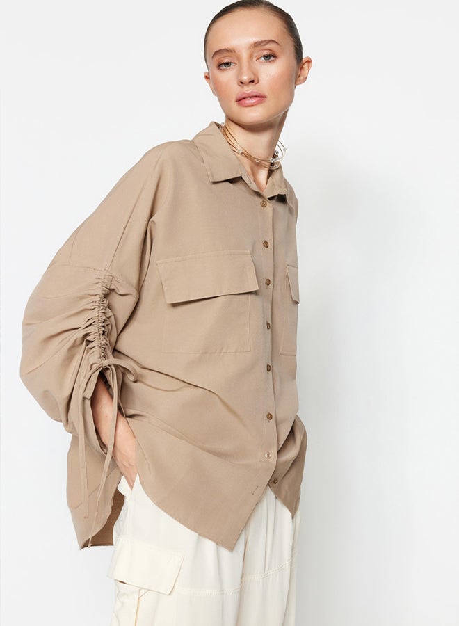 trendyol Stone Sleeves Adjustable Gathering Detailed Woven Cotton Shirt TCTSS23TG00011 - Image 1
