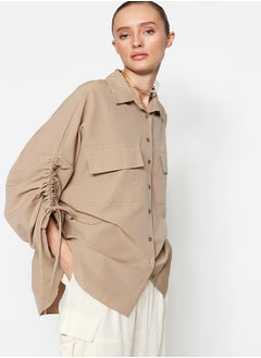 Stone Sleeves Adjustable Gathering Detailed Woven Cotton Shirt TCTSS23TG00011
