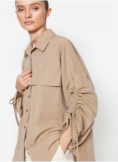 trendyol Stone Sleeves Adjustable Gathering Detailed Woven Cotton Shirt TCTSS23TG00011  - Image 3
