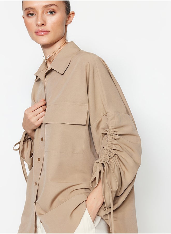trendyol - Stone Sleeves Adjustable Gathering Detailed Woven Cotton Shirt TCTSS23TG00011 - Image 1