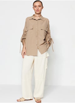 trendyol Stone Sleeves Adjustable Gathering Detailed Woven Cotton Shirt TCTSS23TG00011  - Image 2