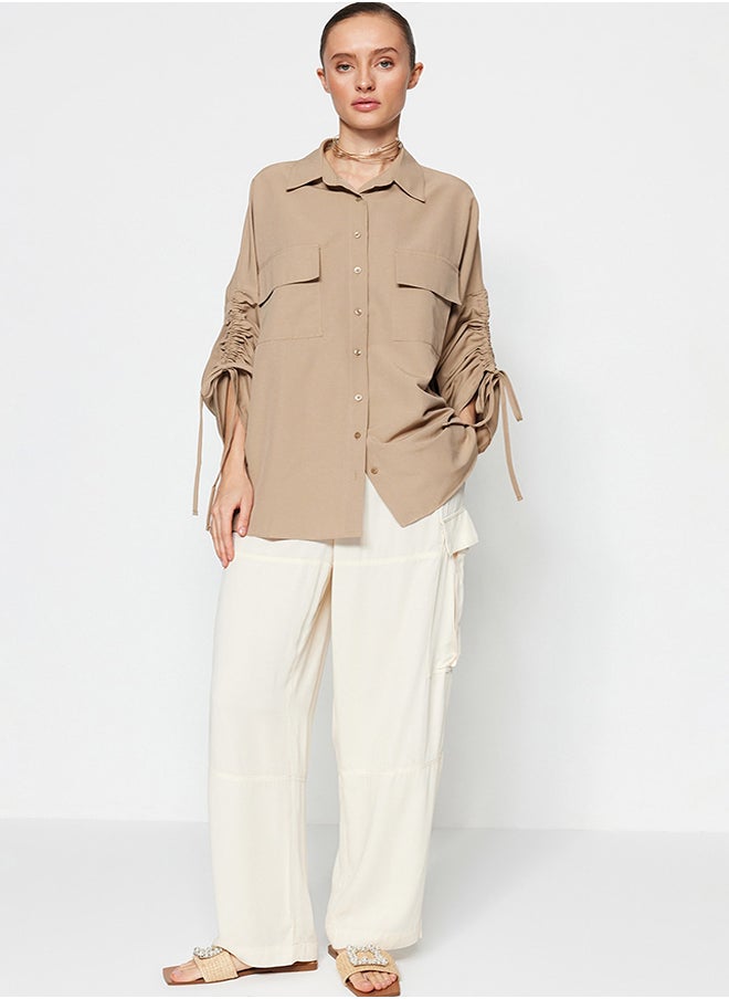 trendyol - Stone Sleeves Adjustable Gathering Detailed Woven Cotton Shirt TCTSS23TG00011 - Image 1