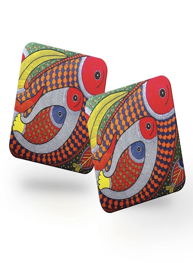JIKRAA® Wooden Pack of 2 Square Shape Colorful Coasters | MDF Coasters for Home Kitchen, Office Desk (4 x 4 Inch) - Set of 2 (Design -8) - Image 1