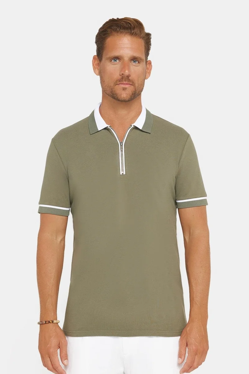 تودورس Men's Slim Fit Slim Cut 100% Cotton Plain Pique Zippered Khaki Polo Collar T-Shirt