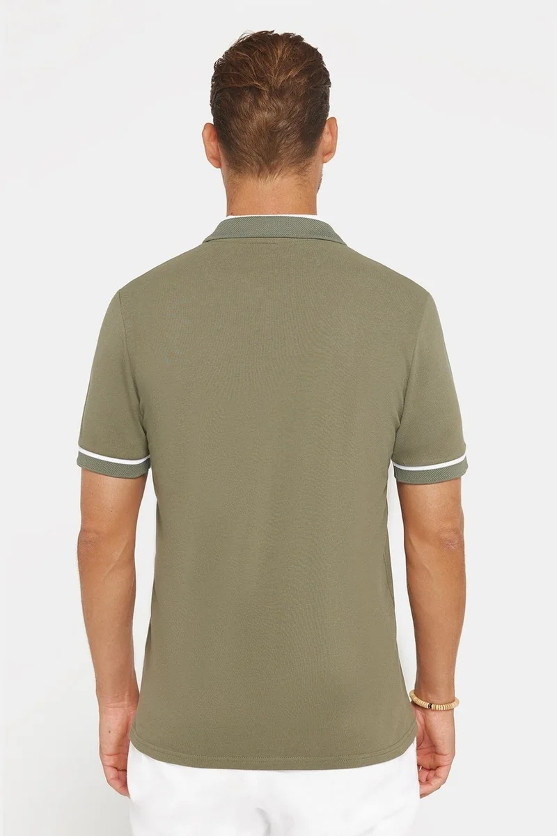 تودورس Men's Slim Fit Slim Cut 100% Cotton Plain Pique Zippered Khaki Polo Collar T-Shirt