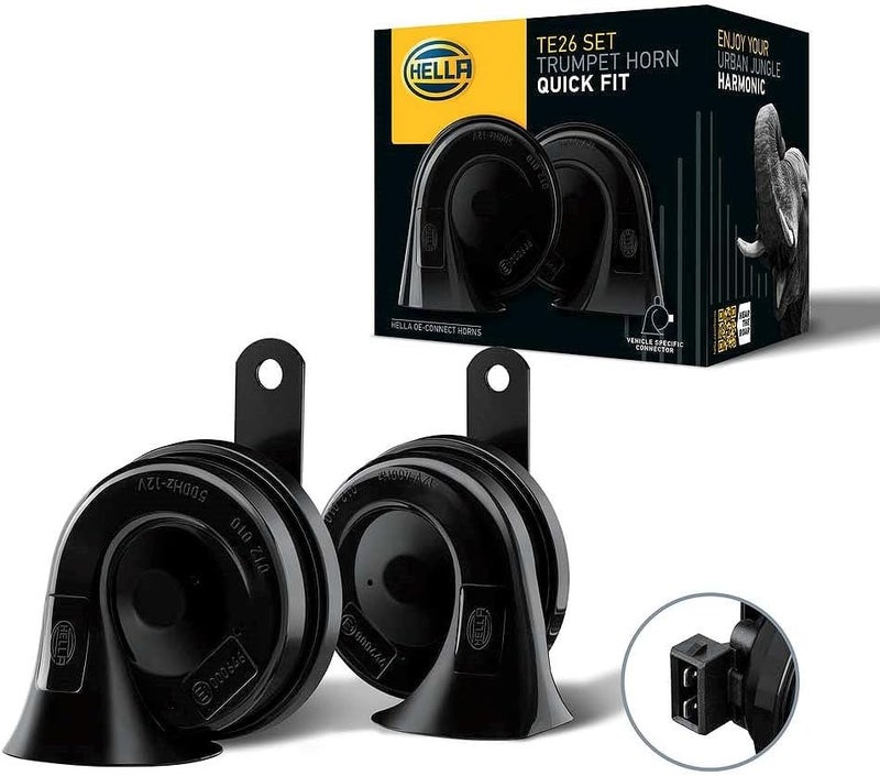 HELLA Trumpet Horn - OE-CONNECT HORN TE26 SET - 12V - 110dB(A) - Frequency range from: 400Hz - Frequency range to: 500Hz - Low Tone/High Tone - Electric - Quantity: 2-3FH 012 010-031 Upgraded general grade quality - Image 1