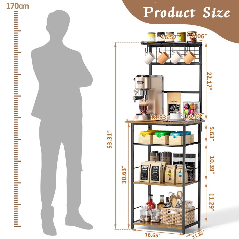 DAOUTIME 5 Tier Coffee Bar Station, Kitchen Stand with 4 S-Shaped Hooks, Farmhouse Corner Coffee Bar Cabinet for Small Spaces, Bakers Rack for Kitchen, Entryway, Living Room, 13.43"D x 18.93"W x 53.31"H - Image 3