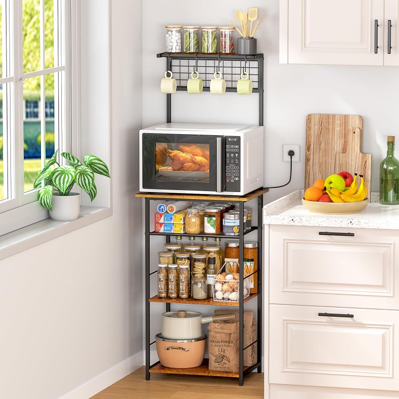 DAOUTIME 5 Tier Coffee Bar Station, Kitchen Stand with 4 S-Shaped Hooks, Farmhouse Corner Coffee Bar Cabinet for Small Spaces, Bakers Rack for Kitchen, Entryway, Living Room, 13.43"D x 18.93"W x 53.31"H - Image 2