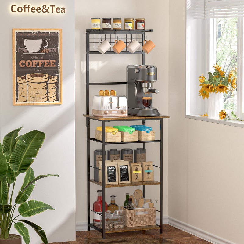 DAOUTIME 5 Tier Coffee Bar Station, Kitchen Stand with 4 S-Shaped Hooks, Farmhouse Corner Coffee Bar Cabinet for Small Spaces, Bakers Rack for Kitchen, Entryway, Living Room, 13.43"D x 18.93"W x 53.31"H - Image 4