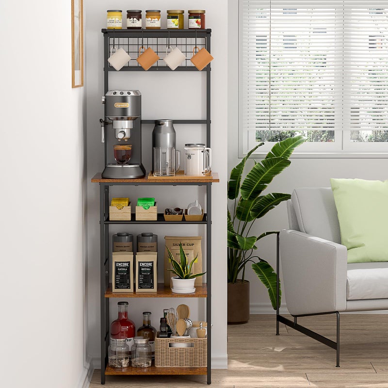 DAOUTIME 5 Tier Coffee Bar Station, Kitchen Stand with 4 S-Shaped Hooks, Farmhouse Corner Coffee Bar Cabinet for Small Spaces, Bakers Rack for Kitchen, Entryway, Living Room, 13.43"D x 18.93"W x 53.31"H - Image 1