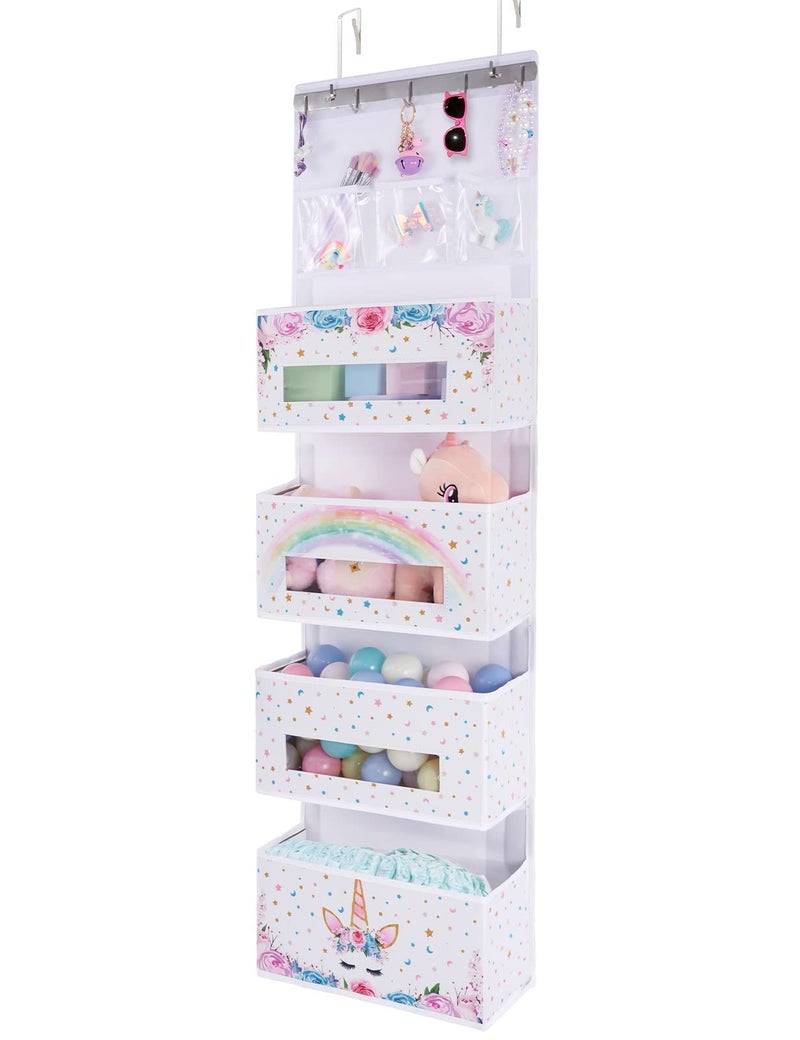 منظم باب وارنساي على شكل حورية البحر مع تخزين فوق الباب مع 4 جيوب كبيرة و 3 جيوب PVC لتخزين ألعاب الأطفال والمناشف والأشياء المتنوعة لغرفة الفتيات، حضانة، غرفة نوم