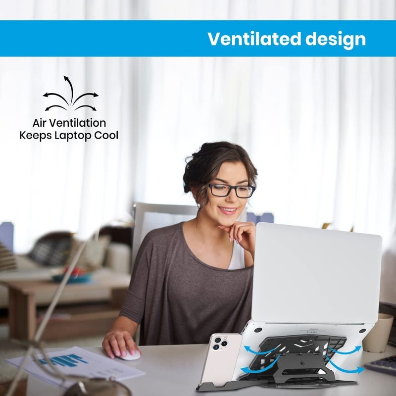 Portronics My Buddy Hexa 22 Laptop Stand with 360 Rotation Base Mobile Stand 7 Adjustable Heights Air Ventilation Portable Foldable Design for Upto 156 Inches Laptops MacBook Black