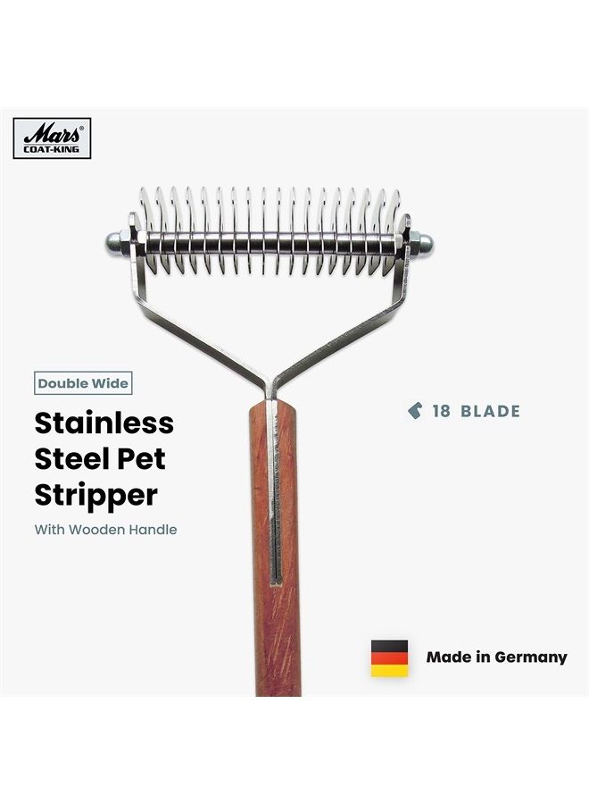Mars Coat King Double Wide De-Matting Undercoat Grooming Rake Stripper Tool for Dogs and Cats, Stainless Steel with Wooden Handle for Thick Coats, 18-Blade Stripper for Groomers, Pet Owners
