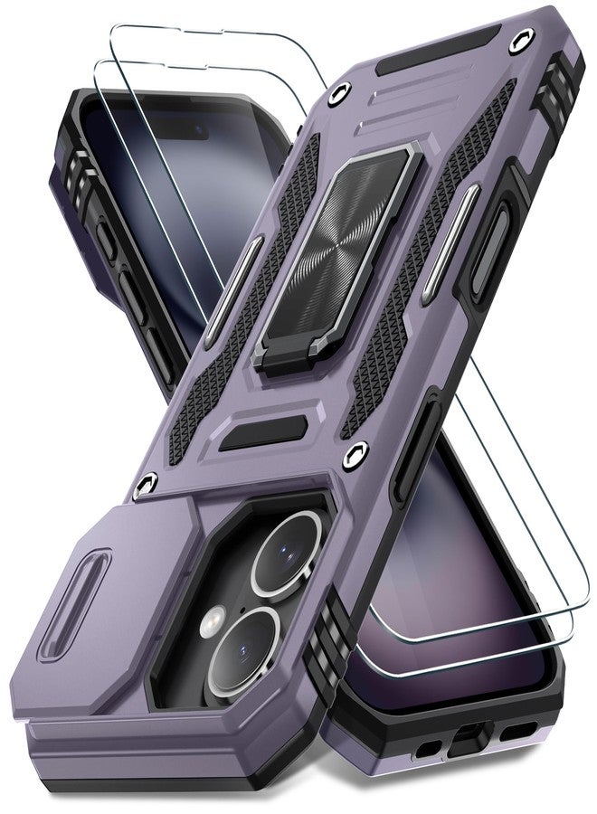 DEERLAMN Case for iPhone 16 with Slide Camera Cover+Screen Protector (2 Packs), Rotated Ring Kickstand Military Grade Shockproof Protective Cover-Deep Purple - Image 1