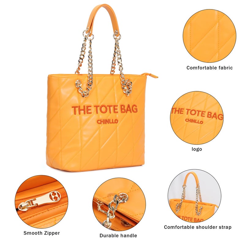 Chinllo Tote Bag for Women, Medium Quilted Top Handle Chains Handbags Purse (E.Orange) - Image 4