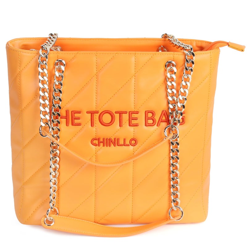 Chinllo Tote Bag for Women, Medium Quilted Top Handle Chains Handbags Purse (E.Orange) - Image 1