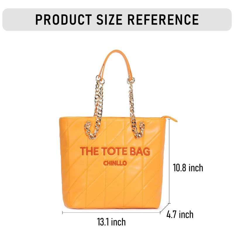 Chinllo Tote Bag for Women, Medium Quilted Top Handle Chains Handbags Purse (E.Orange) - Image 3