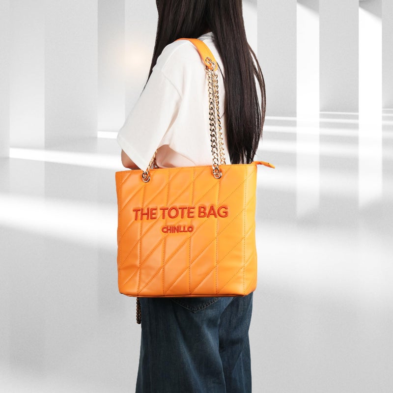 Chinllo Tote Bag for Women, Medium Quilted Top Handle Chains Handbags Purse (E.Orange) - Image 2