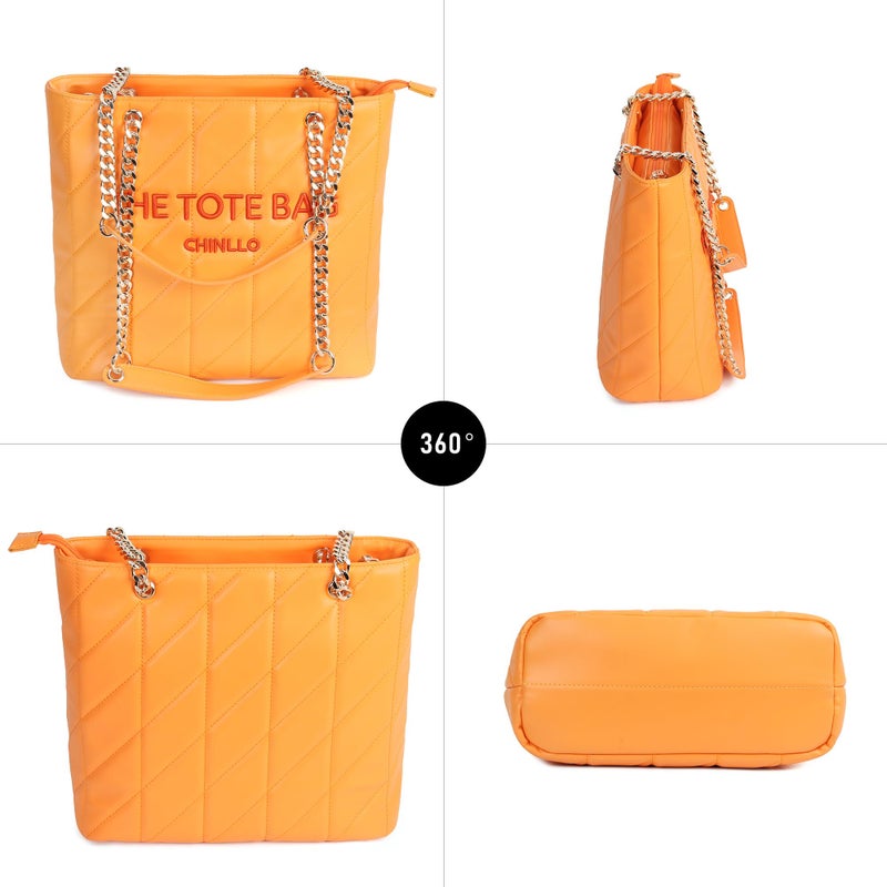 Chinllo Tote Bag for Women, Medium Quilted Top Handle Chains Handbags Purse (E.Orange) - Image 5