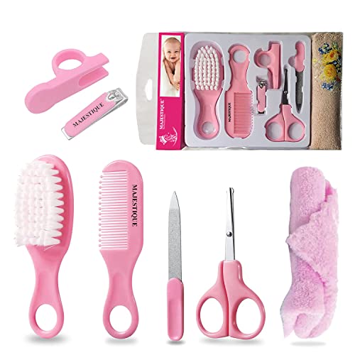 Majestique Baby Grooming Set - Baby Hair Brush, Comb, Nail Clipper, Nail File and Soft Baby Towel, Baby Products for New Born Baby Gifts Toddlers Infant Girl Boys Keep Clean (7 in 1 Pink) - Image 1